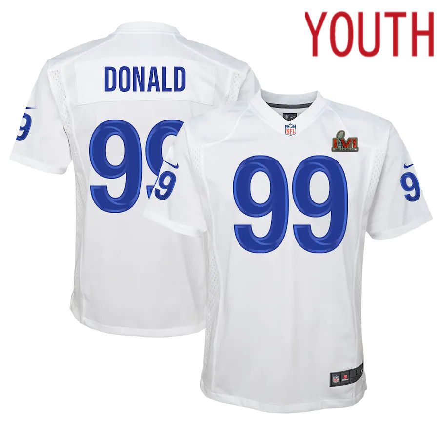 Youth Los Angeles Rams #99 Aaron Donald Nike White Super Bowl LVI Game Patch NFL Jersey->youth nfl jersey->Youth Jersey